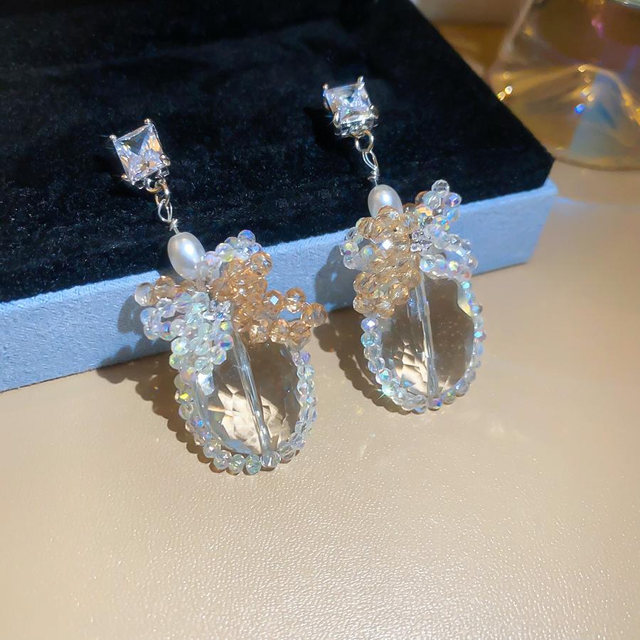 Silver Needle High-end Zircon Glass Pearl Bow Stud Earrings, Personalized Exquisite Niche Fashion Earrings