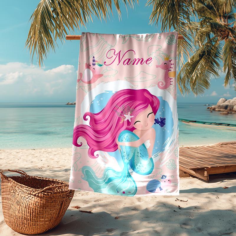Custom Name Ultra-Soft Beach Towel with Mermaid Theme,Ideal for Pool - Camping, Diving - Perfect Travel Essential, Vibrant Beach Towel.