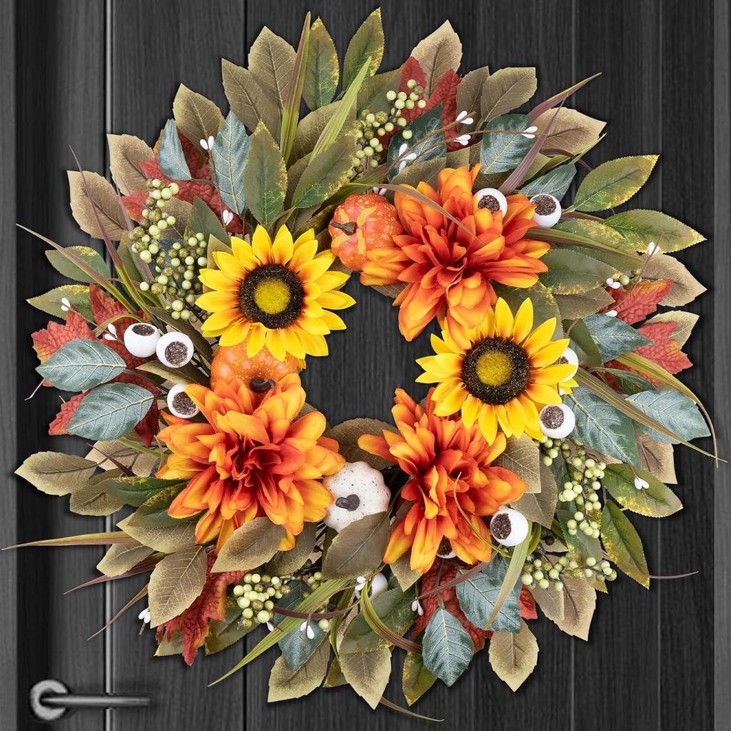 Wreath Front Door 24IN Autumn Maple Leaves Wreaths Fall Harvest Door Wreaths with Pumpkin Large Door Wreath for Thanksgiving Halloween Farmhouse