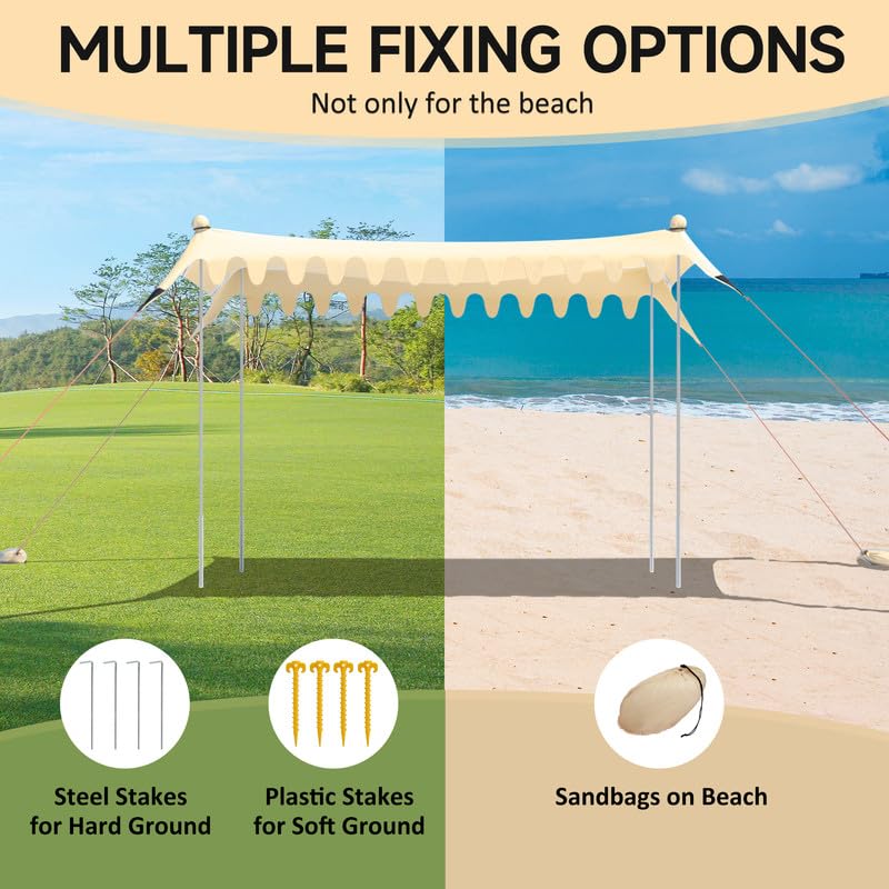 VILLEY Tarp Beach Tarp Beach Sunshade Beach Tent for 4 To 6 People Tarp Tent with 4 Poles UV Protection UV Cut Shading Ventilation Sun Shade Sun