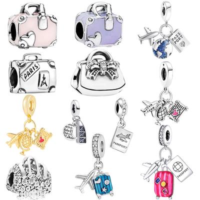 Airplane Suitcase Travel Bag Passport Charm Beads Dangle Fit Original Copper Bracelet Necklace Beads For Diy Jewelry Women Gift