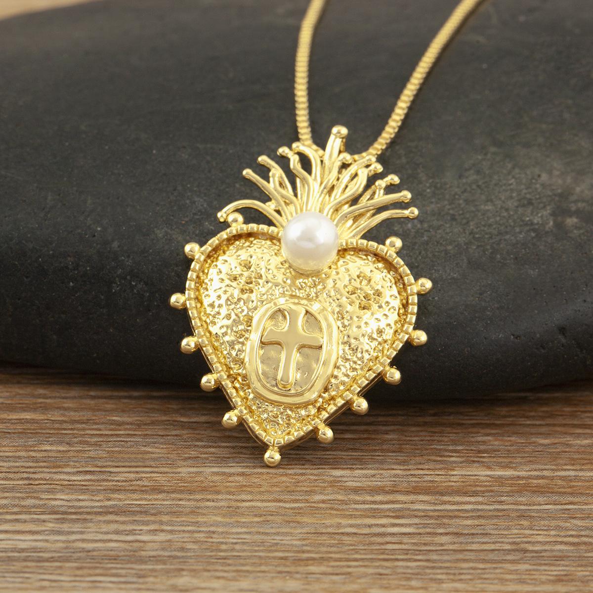 Nidin Vintage Sacred Heart/Starburst Design Pendant Necklace Copper Inlaid Zircon Catholic Christian Religious Jewelry For Women