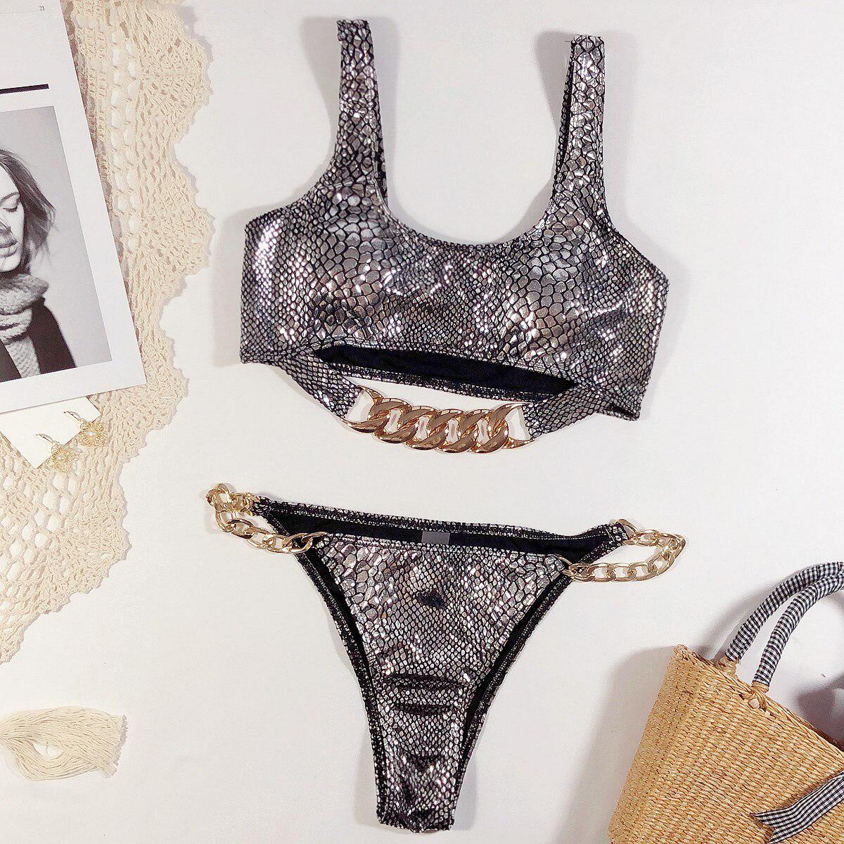 

Жінки Купальники сексуальна суцільний bronzing виріз бікіні набір push up купальник два шматки купальник L срібний