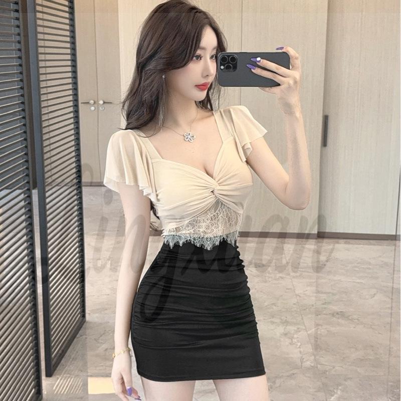 V-Neck Lace Patchwork Bodycon Dress with Pleated Waist and Color Block Design M абрикосовый