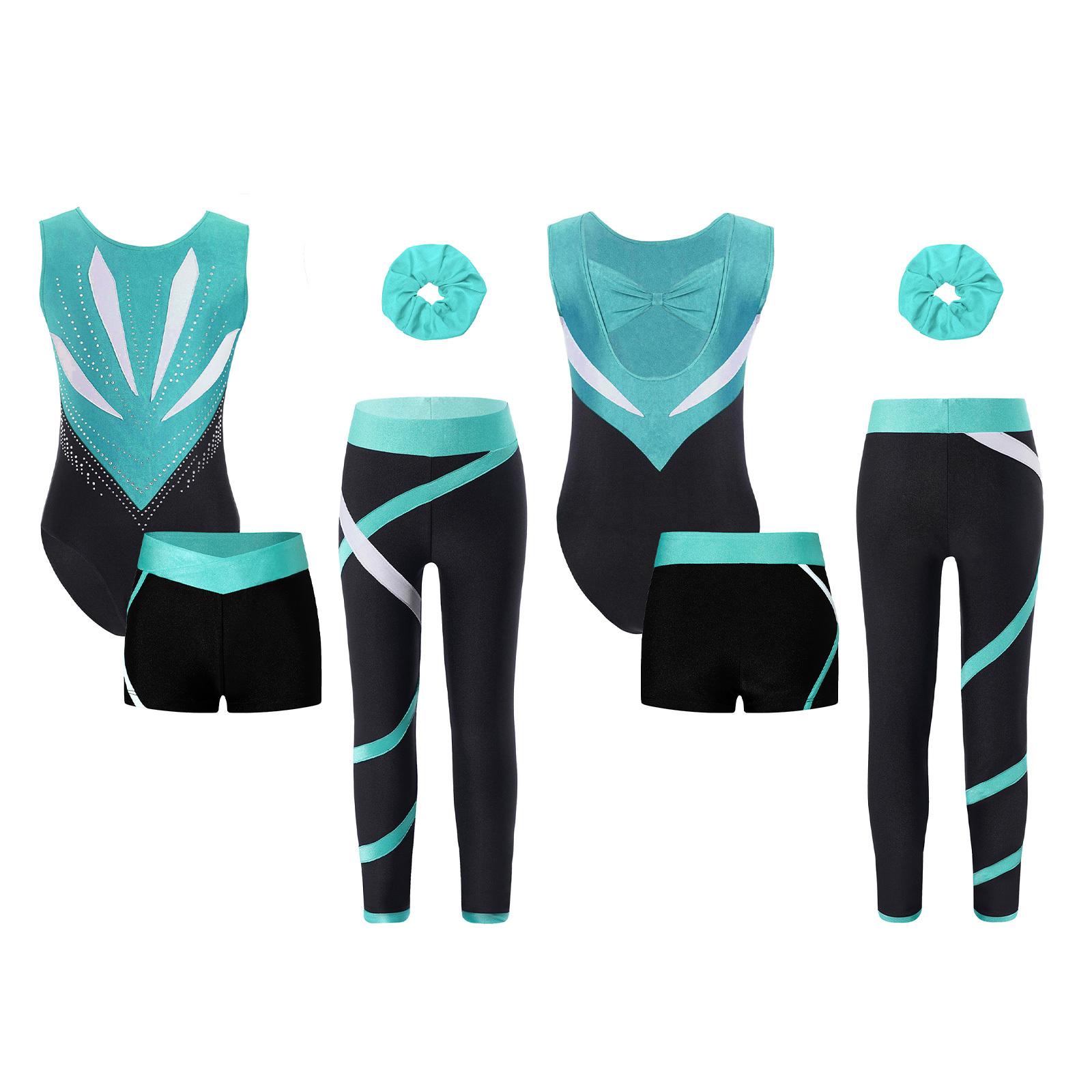 

Комплект из 4 предметов для девочек, гимнастический костюм без рукавов с вырезом на спине и бантиком, леотард в стиле пэчворк с цветными блоками, украшенный блестящими стразами, шорты, леггинсы, повязка на голову