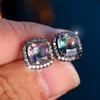 Cute Female Crystal Rainbow Zircon Stone Square Stud Earrings Black Gold Color Wedding Jewelry For Women