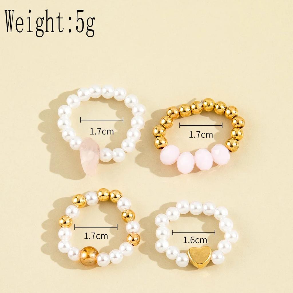 HI MAN 4 Pcs/Set Korean Mixed Handmade Pearl Stone Acrylic Small Round Bead Heart Ring Women Classic Elegant Dating Jewelry