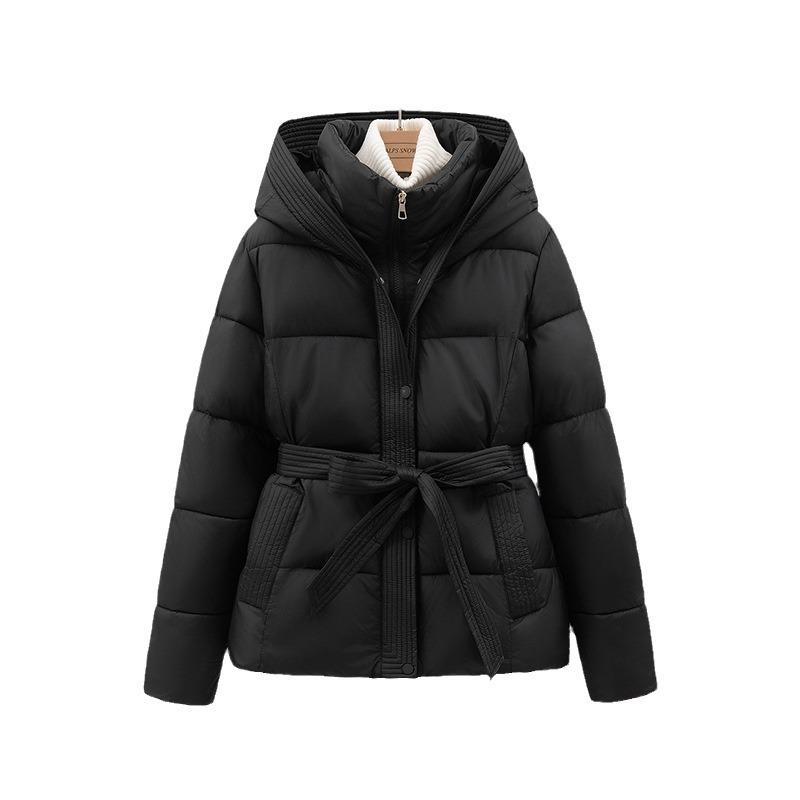 New down cotton-padded clothes, women's short waist slim-fitting hooded lace-up jacket