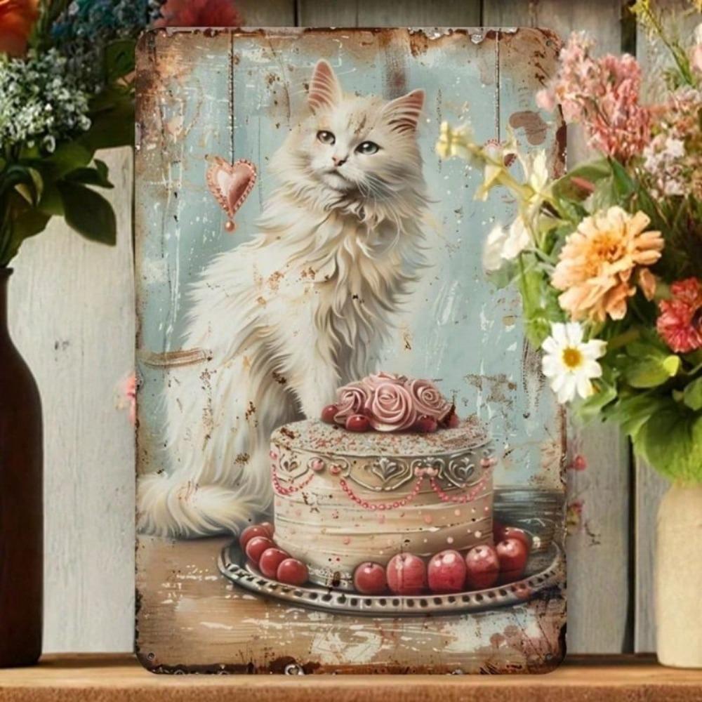 Retro Metal Sign Cat Rose Cake Home Decor