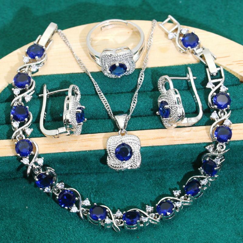 Europe and The United States Hot Zircon Bracelet Necklace Earrings Open Ring Jewelry Set