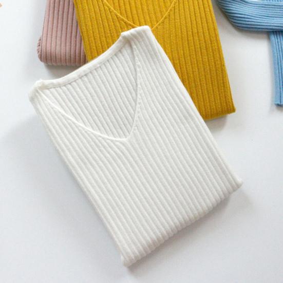 Women Tops V-neck Long Sleeve Slim Fit Pullover Sweater Solid Color Ribbed Bottom Sweater Elastic Knitwear