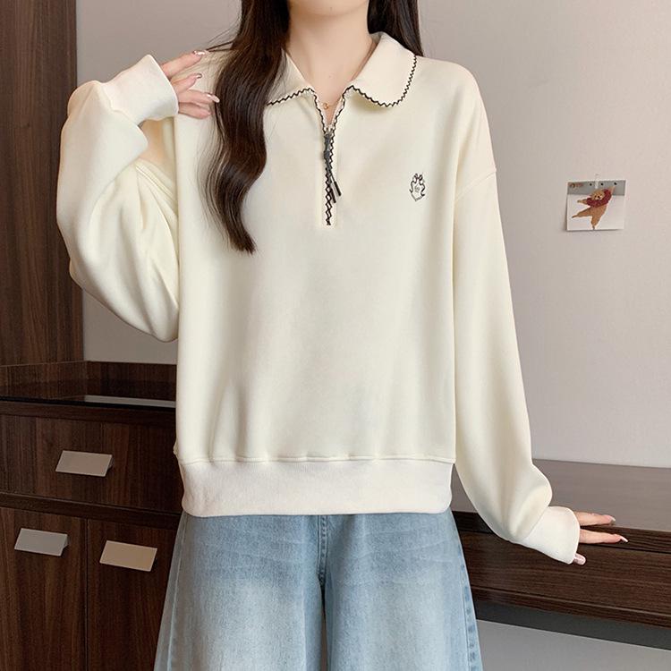 

New Plus Size Women s College Style Long Sleeve Hoodie with Doll Collar and Zipper XL абрикосовий