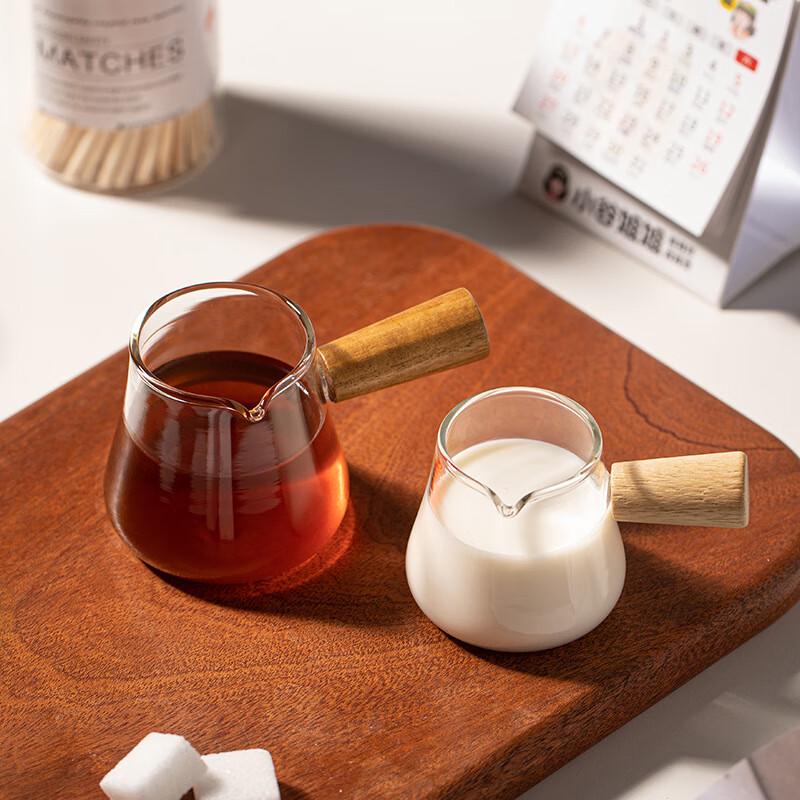 Mini Coffee Glass Milk Jug with Wooden Handle