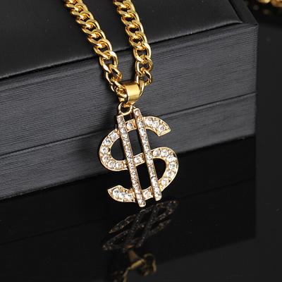 Collana con ciondolo con segno di dollaro in cristallo da 1 pezzo, catena hip-hop gangster