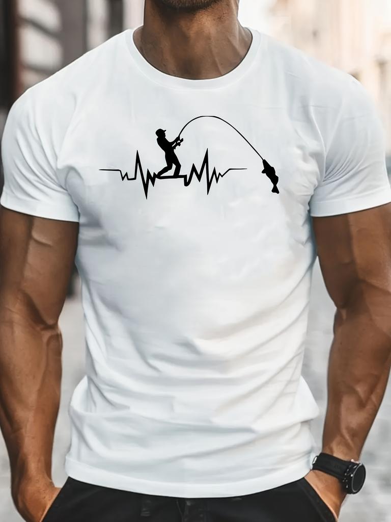 Fisherunisex Heartbeat Tee T Shirt Unisex Catch Fish Silhouette Print Crew Neck Cotton Outdoor Angler Daily Casual Tee