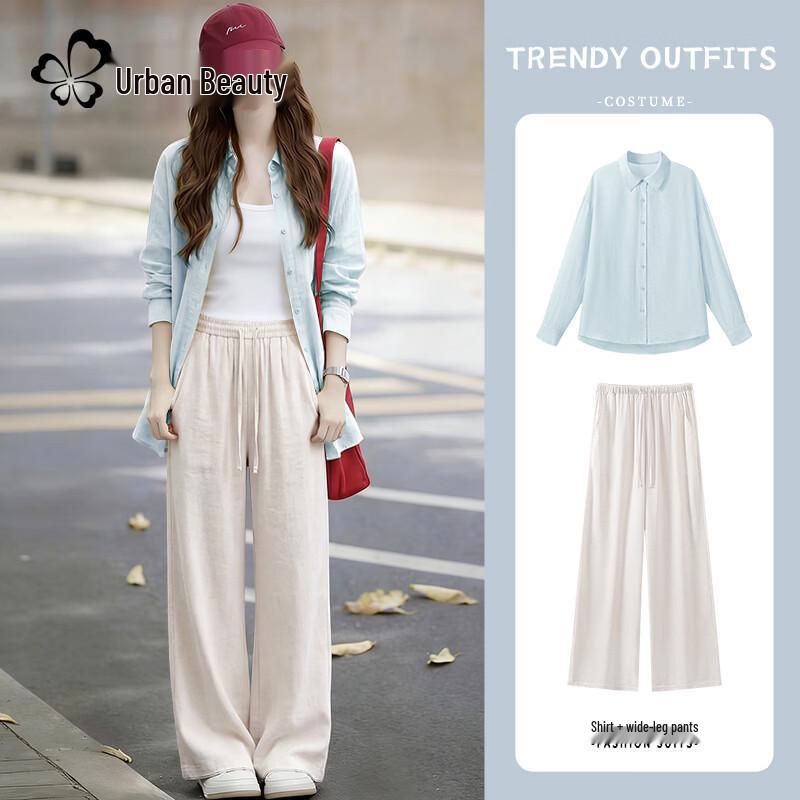 

Women s Linen Blend Polo Shirt & Long Pants Set L