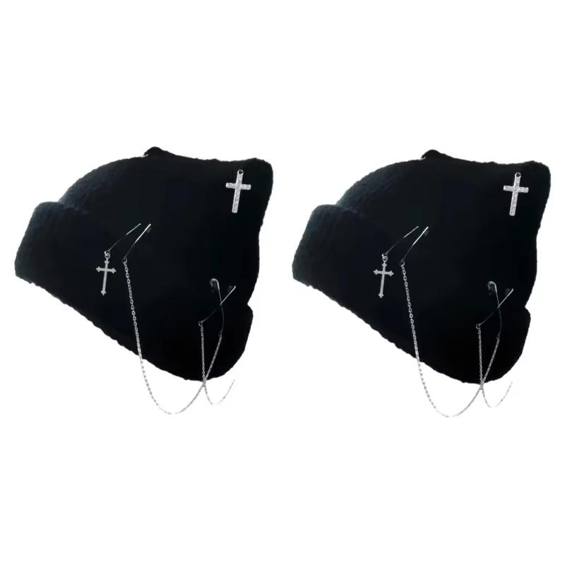 Gothic Knitted Beanie Hat for Women Y2K Cat Ear Hat Handmade Crochet Skull Hat Female Teens Subculture Headwear