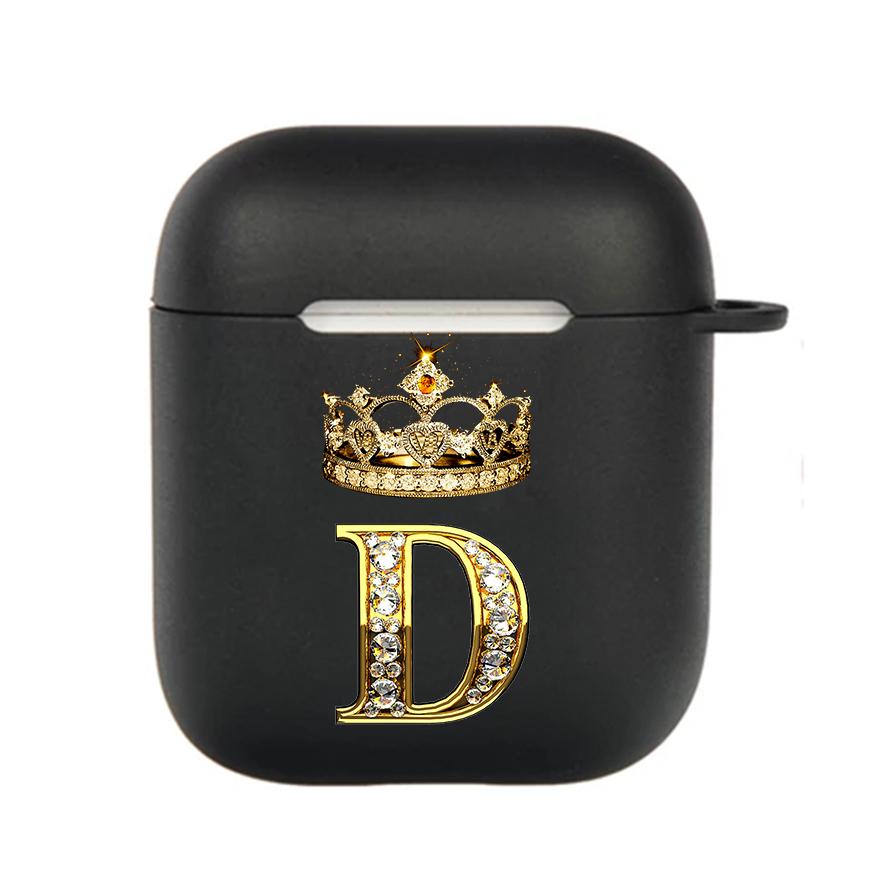 Diamond Crown Letter 26 With Hook Case For AirPods 2 3 1 Cases For Apple AirPods Pro 2 Coque Black TPU Soft Earphone Cover