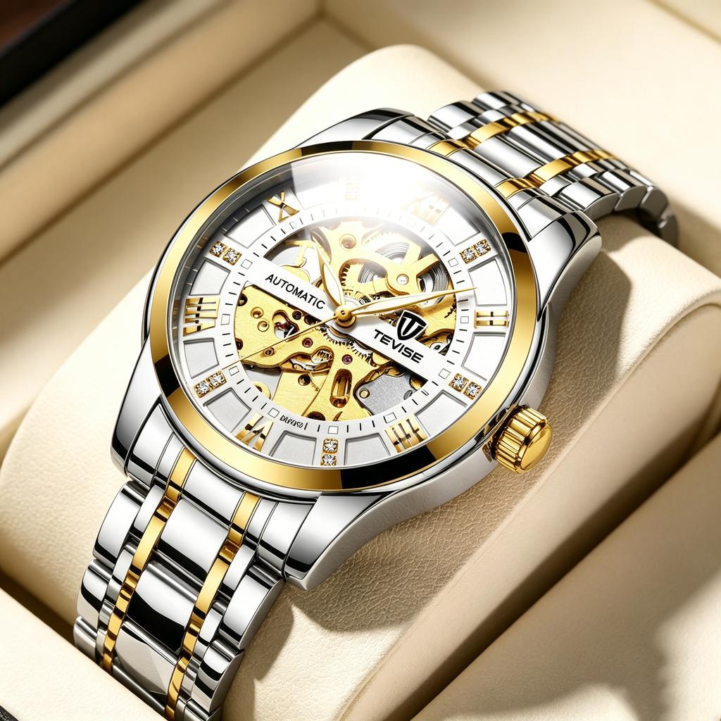 Custom Brand Hollow Dial Automatic Mechanical Watch for Men Stainless Steel Band Crystal Waterproof Wrist Watch Reloj De Lujo