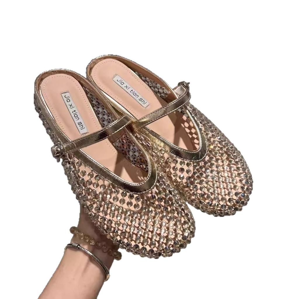 Inner heightening rhinestone golden fishing net bag head half slippers women's 2025 summer new thick-bottomed Mary Jane French sandals