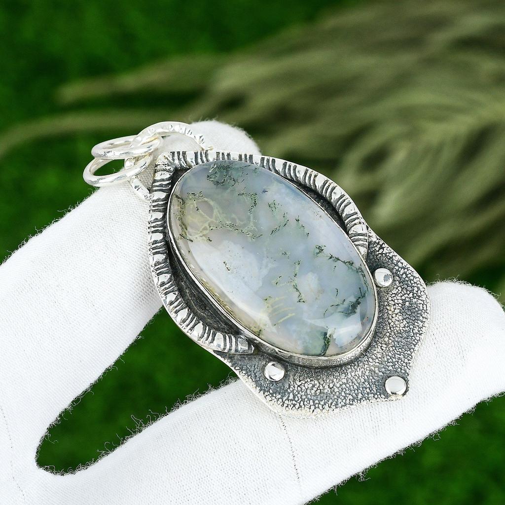 Natural Solar Moss Agate Gemstone Jewelry 925 Sterling Silver Pendant For Women