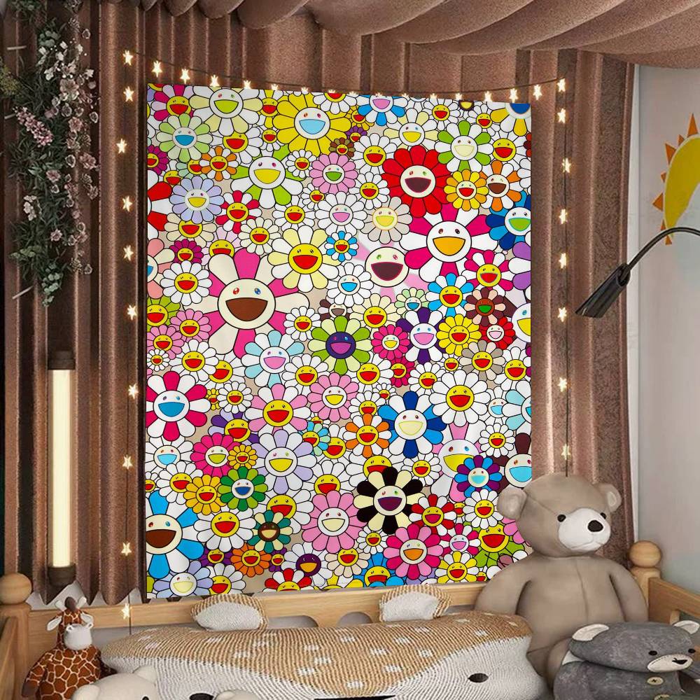 Cute TTakashi Flowers MMurakami Colorful Tapestry Wall Hanging Hanging Tarot Hippie Wall Rugs Dorm Wall Art Decor