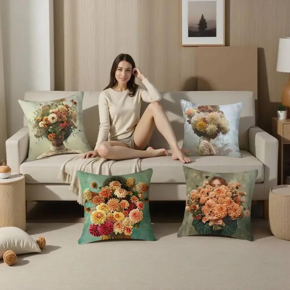 Art Flower Women Pillow Case Plush Fabric Soft Pillowcase Double Sided Print Sofa Cushion Cover Throw