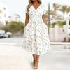 Women’s Short Sleeve V Neck Floral Print Midi Dress with Cross Pleated Waist and A Line for Casual Wear