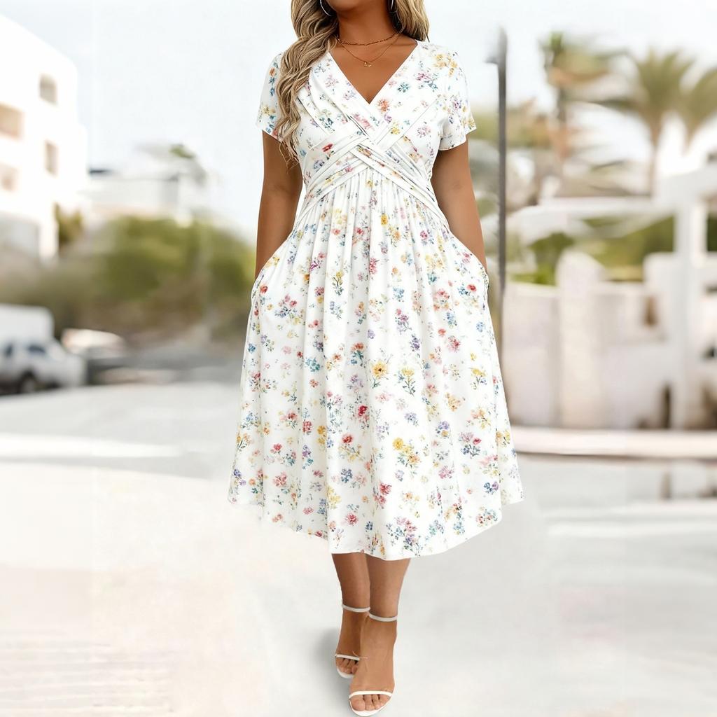 Women’s Short Sleeve V Neck Floral Print Midi Dress with Cross Pleated Waist and A Line for Casual Wear
