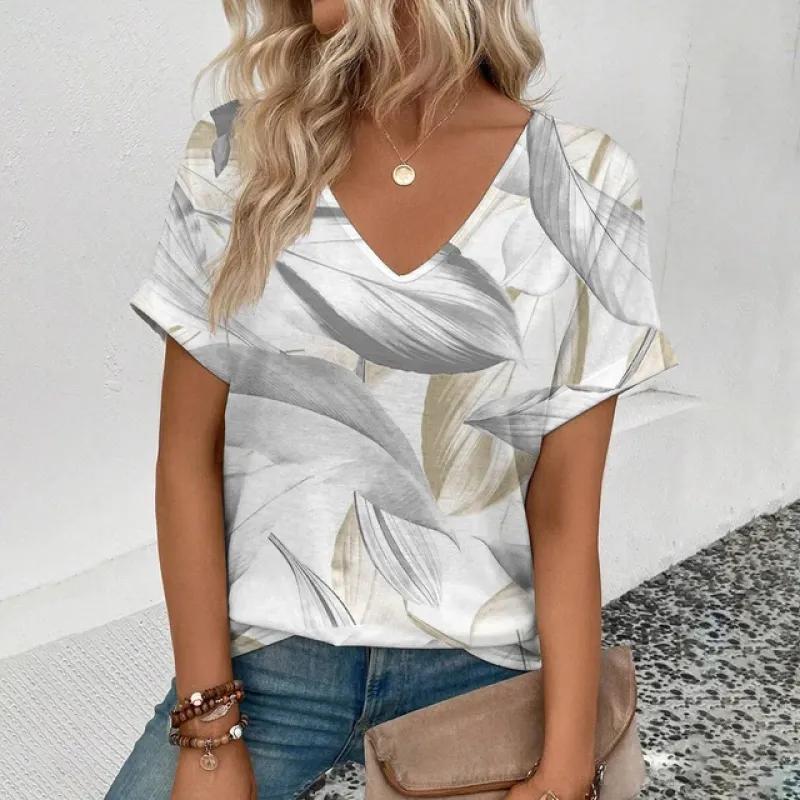 Women's V-neck T-shirt Fashion Fragmented Flowers Pattern T-shirt Comfortable Leisure Elegant Short Sleeved Women's T-shirt