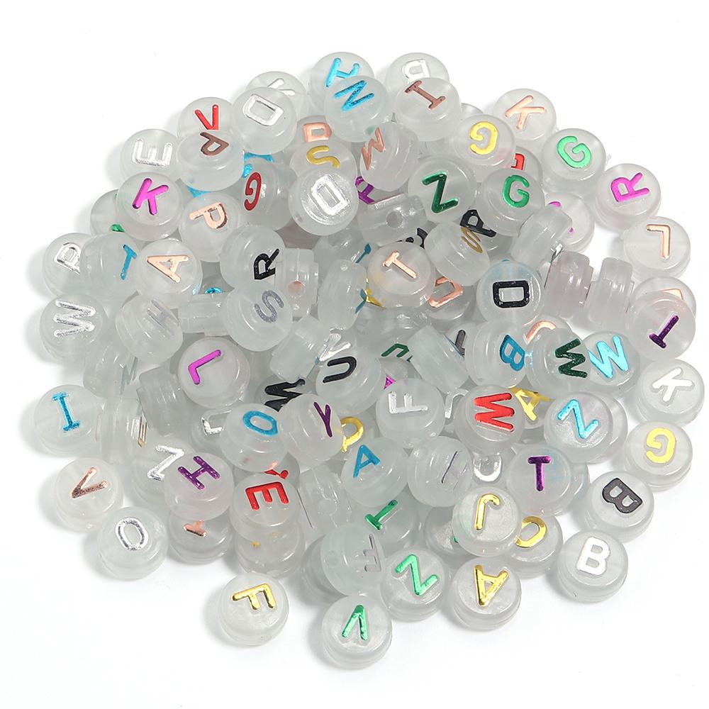 100pcs 10mm Acrylic Luminous Letter Beads Christmas Flat Round Loose Alphabet Beads For Jewelry Making DIY Bracelets Accessories