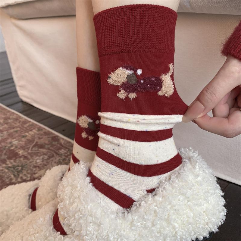 Super Cute Red Socks for Women In Autumn and Winter, Pure Cotton Mid-calf Socks, Cartoon Polka Dot Puppy Dui Dui Socks