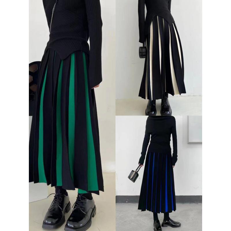 Jupe plissée tricotée taille haute pour femme, verte, longueur moyenne à longue, automne/hiver 2023