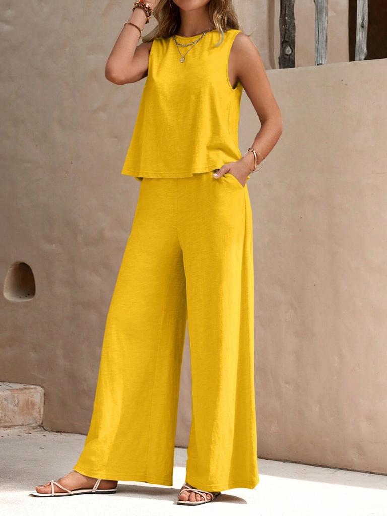 Women's Two-Piece Set Sleeveless Tank Top High Waist Wide Leg Pants Casual Outfit