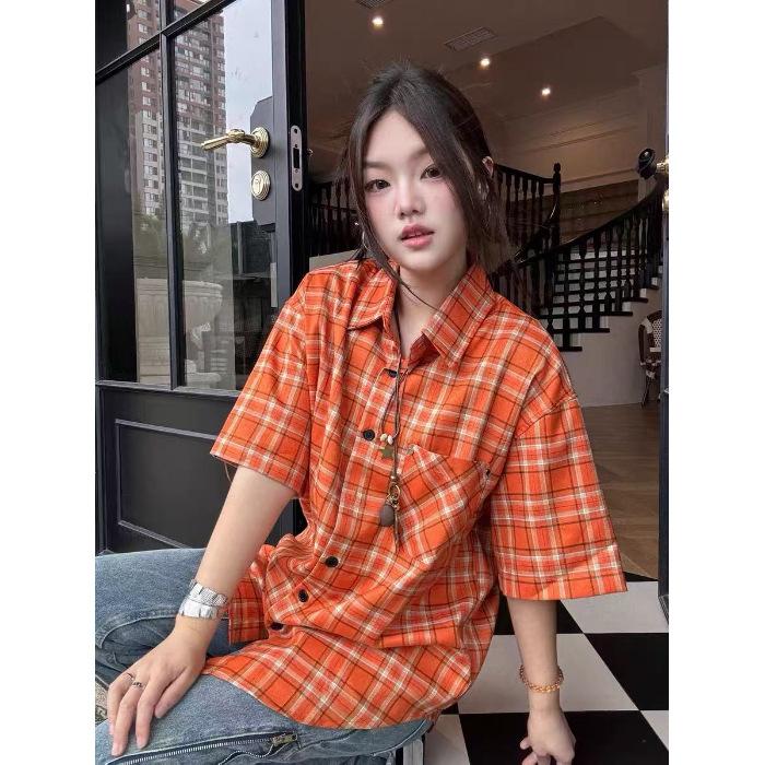 

Рубашки с коротким рукавом в клетку в стиле ретро для мужчин и женщин, Свободные парные рубашки в клетку, Универсальные повседневные куртки 2XL оранжевый