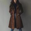 Suede Long Coat with Notch Lapel and Four-Button Front