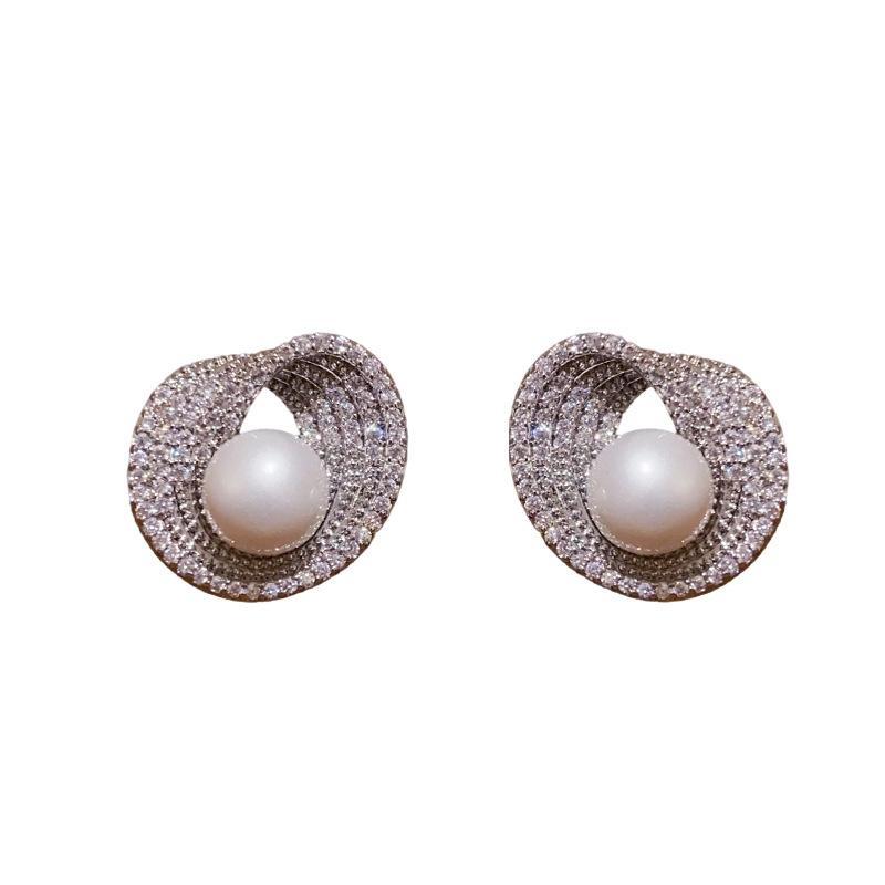 Zircon Irregular Round Pearl Earrings Light Luxury Premium Stud Earrings French Exquisite Versatile Earrings