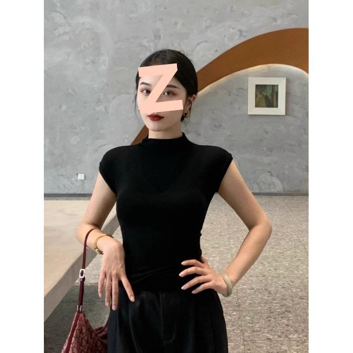 

Women s Slim Fit Semi-High Neck Short Sleeve T-Shirt (92% Cotton/8% Spandex) - 40 Count, 210g, Casual Versatile Style Medium чёрный