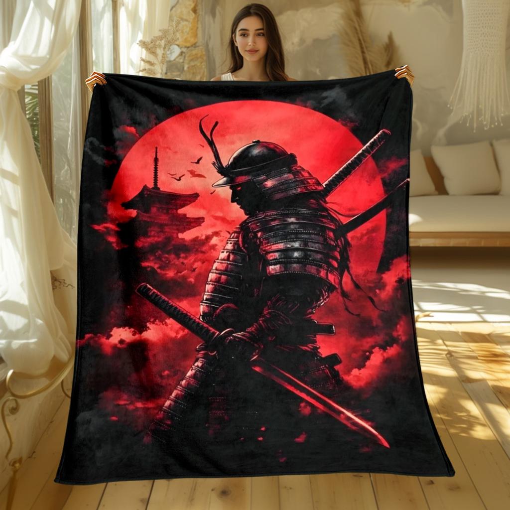 1pc Samurai Warrior Red Moon Fleece Blanket Flannel Throw Japanese Anime Art Bed Cover Ninja Sword Warrior Decor Gift