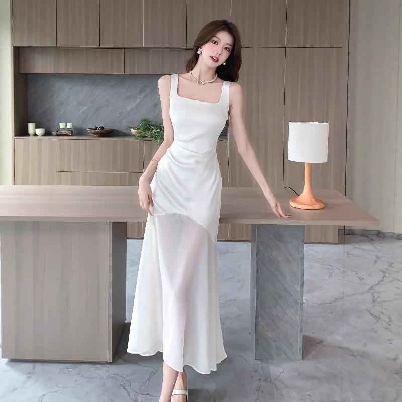 

Women s White Satin Fishtail Summer Dress with Collar L