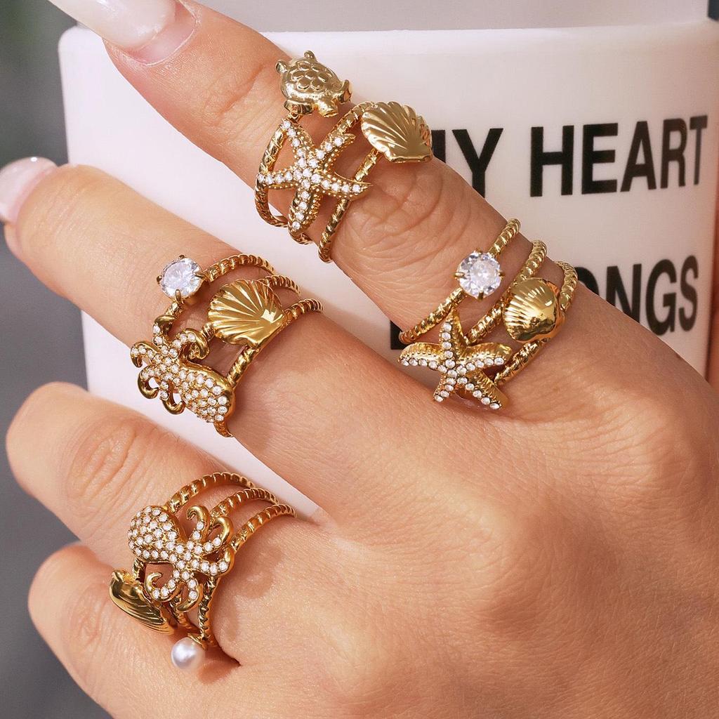 Qiong Yao 18k Gold-Plated Zircon Octopus Starfish Ring - Fashionable and Durable Index Finger Jewelry