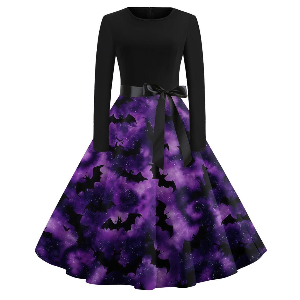 Women Casual Vintage Halloween Dress Long Sleeve Round Neck Fit and Flare Midi Dress with Halloween Tree and Ghost Print and Waist Tie