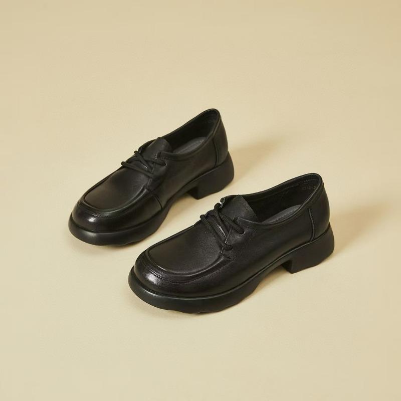 

Spring new lace-up small leather shoes platform-soled low-heeled leather soft-soled high-heeled single shoes 35 чёрный