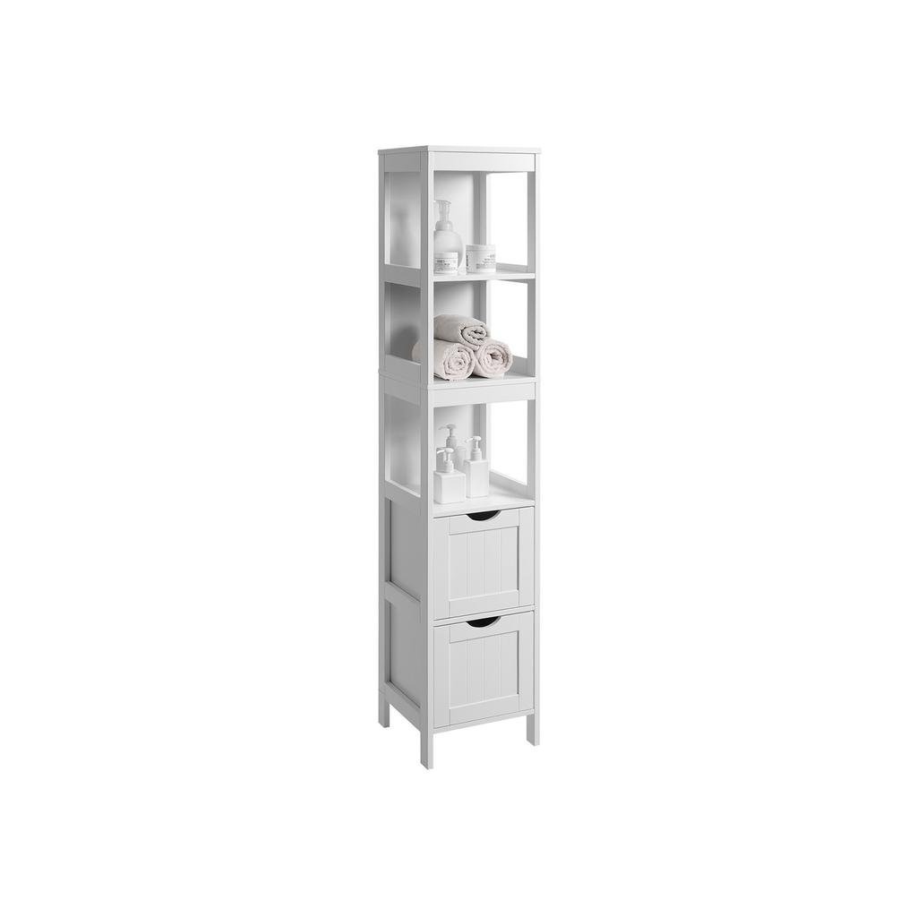 VASAGLE Hochschrank, Badezimmerschrank, Aufbewahrung von Badutensilien, mit 2 Schubladen und 3 offenen Fächern, 30 x 30 x 141,5 cm, Badezimmer