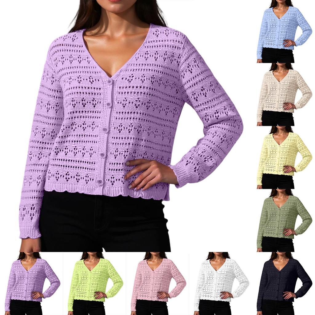 Women's Loose V-neck Hollow Out Versatile Knitted Long Sleeved Cardigan Top
