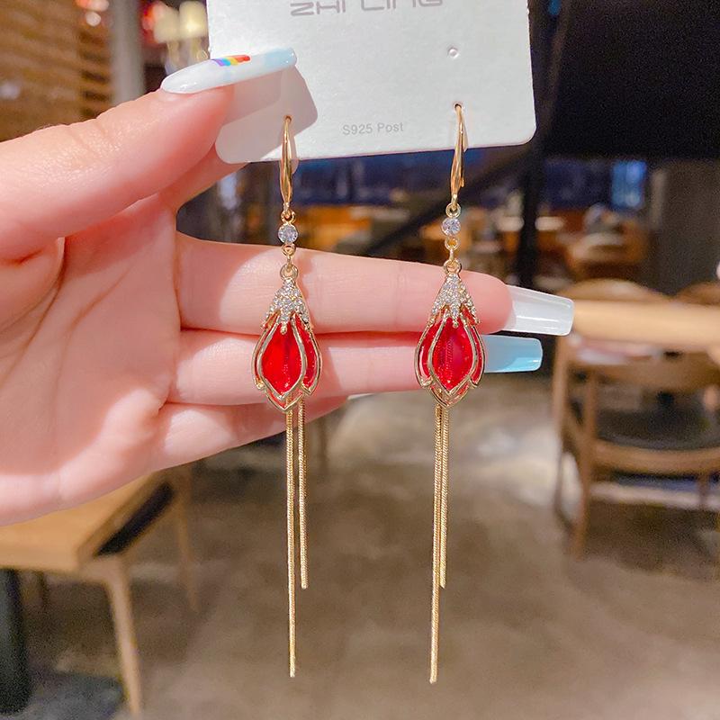 Fashion Atmospheric Red Velvet Bow Earrings Femininity Sweet Flower Long Fringed Versatile Earrings