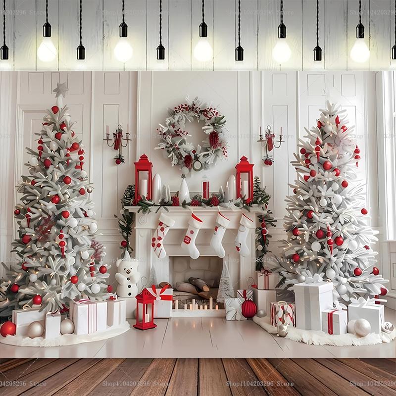 Winter Window Christmas Backdrop Fireplace Xmas Tree Gifts Teddy Bear Navidad Party Decor Kids Portrait Photography Background