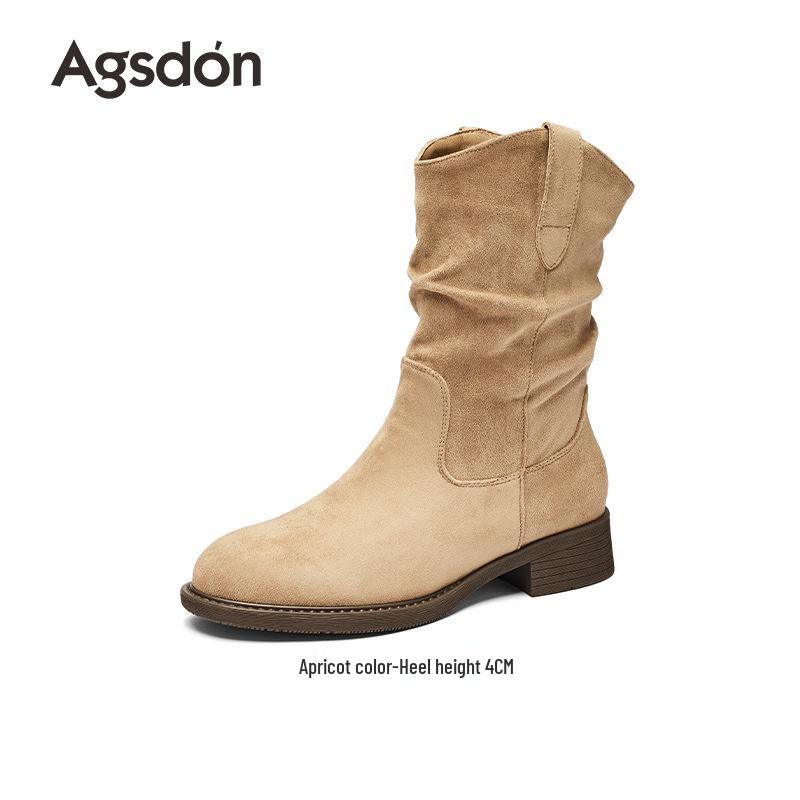 

Ougushideng Women s Retro Thick-Soled Ruched Fleece-Lined Mid-Calf Fashion Boots (2025 Autumn/Winter) 38