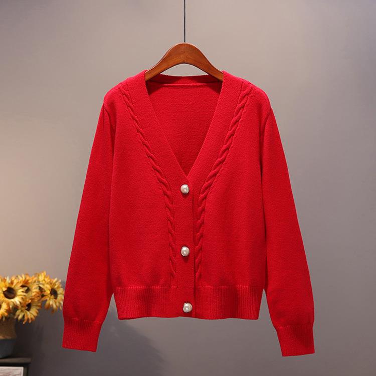 

Women s 2024 Chic Loose V-neck Knitted Cardigan - New Autumn & Winter Long Sleeve Sweater Coat One Size красный
