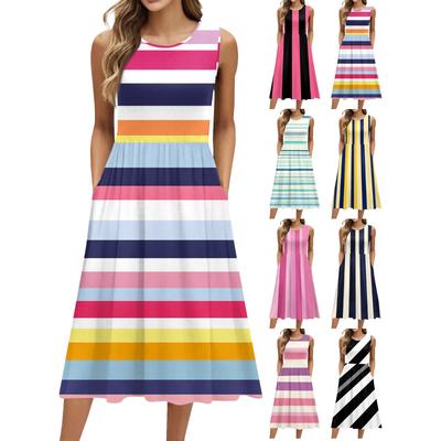 Women's Summer V Neck Casual Beach Dresses Pods Short Sleeve Striped Geometric Printed Dresses